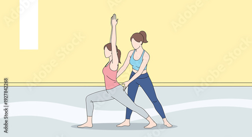 Yoga instructor guiding student in warrior pose, promoting balance and well-being