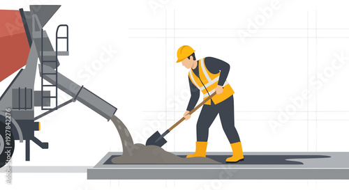 Worker pouring concrete from mixer truck with shovel on construction site