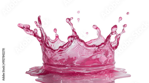 Pink liquid splash crown shape glossy fluid motion frozen droplets dynamic wave surface splash effect isolated on white background