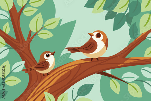 Two cartoon birds perch on a branch amidst lush green foliage