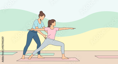 Yoga instructor guiding student in warrior two pose on mat, healthy lifestyle