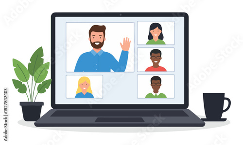 Online Meeting with Diverse People on Laptop Display