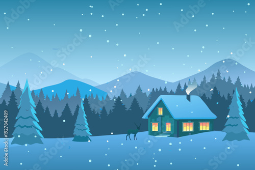 Winter landscape featuring a cozy cabin nestled amongst snow covered mountains