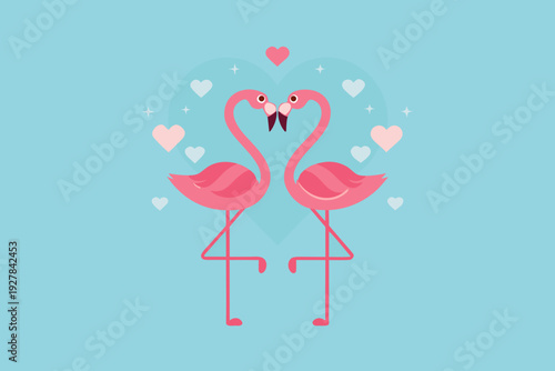 Two pink flamingos forming a heart shape with surrounding love symbols