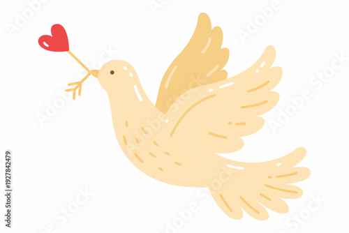 A stylized dove carries a red heart in its beak symbolizing love