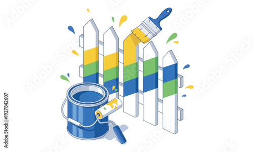 Picket Fence Painting with Brush, Roller, and Paint Can Isometric