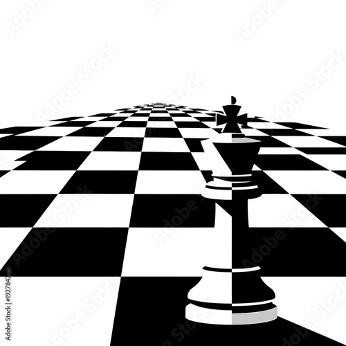 A black and white chessboard with a king and queen piece standing upright in the foreground, viewed from a slight angle