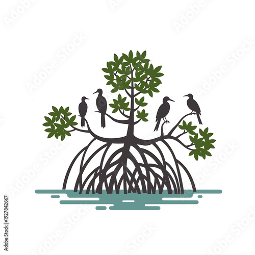 Birds perched on a mangrove tree standing tall in the water, serene wetland scene, vector illustration
