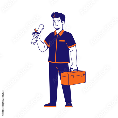 A technician holding a certificate and toolbox standing confidently in a professional setting