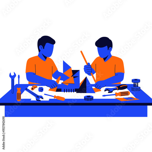 Two craftsmen collaborating on a woodworking project together at a workbench with various tools and equipment