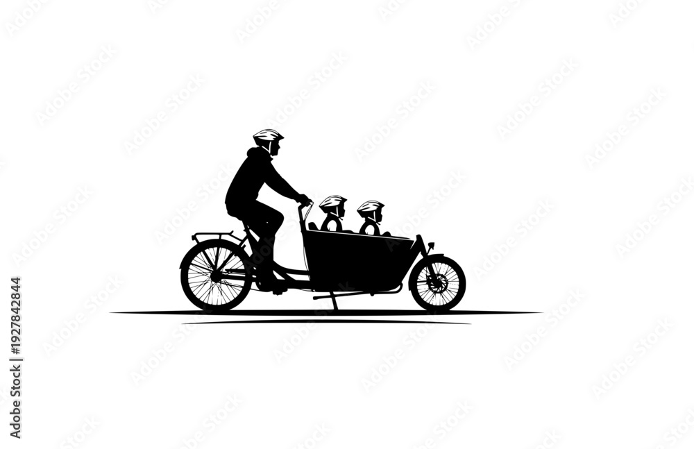 Obraz premium Family Cargo Bike Silhouette, Sustainable Urban Transport and Eco Friendly Commuting Vector Illustration