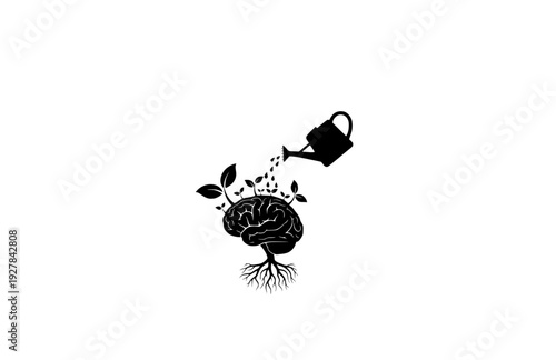 Mental Growth and Education Concept Silhouette, Watering Brain for Knowledge and Mindfulness Vector Icon