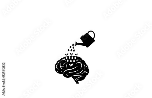 Mental Growth and Education Concept Silhouette, Watering Brain for Knowledge and Mindfulness Vector Icon