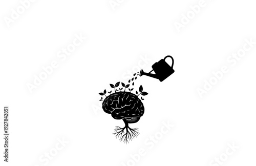 Mental Growth and Education Concept Silhouette, Watering Brain for Knowledge and Mindfulness Vector Icon