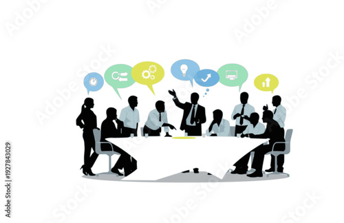 Collaborative Business Meeting Silhouette, Diverse Team Brainstorming Together in Office Vector Illustration