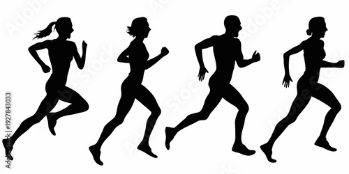 Four silhouettes of people running in a dynamic forward motion