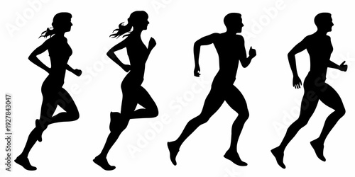 Silhouettes of four people running depicting motion and athleticism