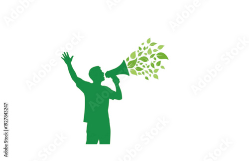 Positive Communication and Eco Activism Silhouette, Person with Megaphone Spreading Green Ideas Vector