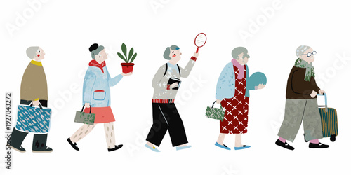 A line of illustrated elderly women walking each with unique accessories