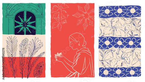 A woman holding a flower, framed by abstract patterns and floral elements, inspired by nature and traditional art, serene, peaceful, elegant, colorful