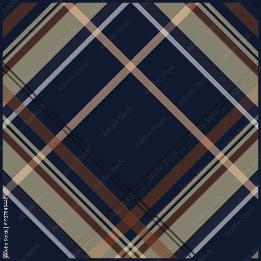 Fototapeta premium Plaid pattern with navy blue, brown, and beige stripes, textile design