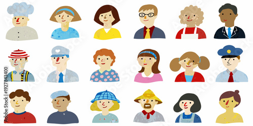 Diverse group of illustrated people with various professions and appearances