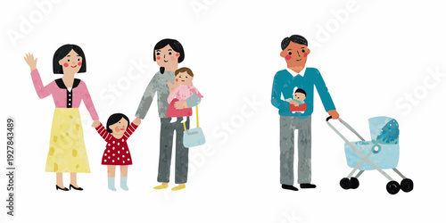 A family of five enjoys a day out together illustrated in a simple style