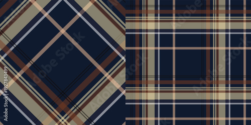 Plaid pattern with intersecting lines in shades of brown, beige, and gray on a dark blue background