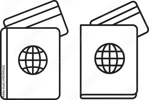 Passport and credit card line art icons. International travel, finance, and booking concepts.
