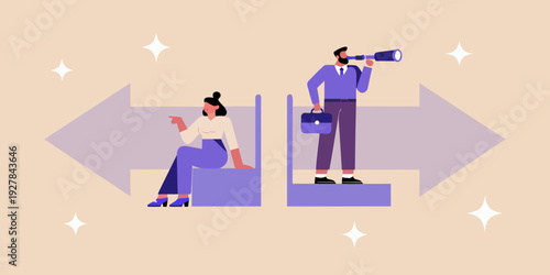 A man uses binoculars while a woman contemplates a diverging path