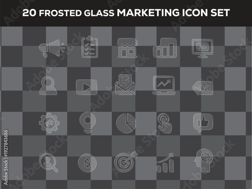 Frosted Glass Marketing Icon Collection – Digital Marketing, SEO and Business Strategy Glassmorphism Vector Pack