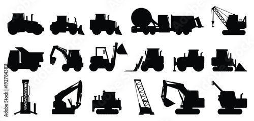 Construction equipment silhouettes vector set with excavator, bulldozer, dump truck, crane, loader, concrete mixer and heavy industrial machinery icons collection