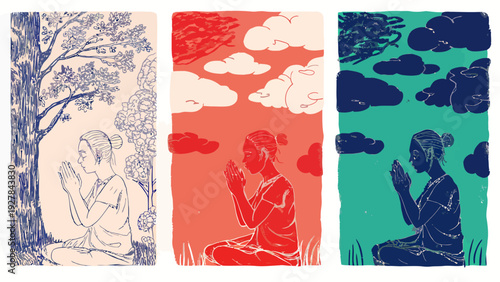 Woman Meditating Under a Tree, Praying Beside a Tree, Nature and Faith