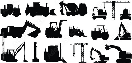 Construction heavy equipment silhouettes vector collection featuring excavator, bulldozer, dump truck, crane, loader, concrete mixer and industrial machinery icon set