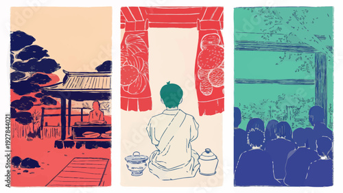 Buddhist Monk at Temple Entrance, Group Meditation, Spiritual Gathering