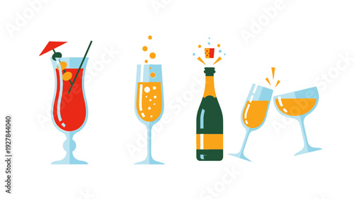 Celebratory drinks and sparkling champagne bottle illustration on white background