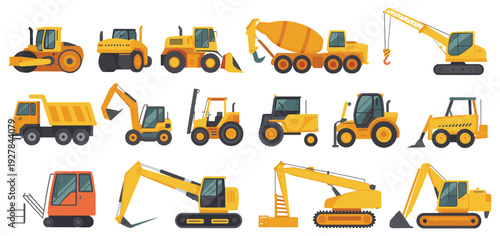 Construction heavy equipment vector set featuring excavator, bulldozer, dump truck, crane, concrete mixer and road roller machinery for building industry illustration