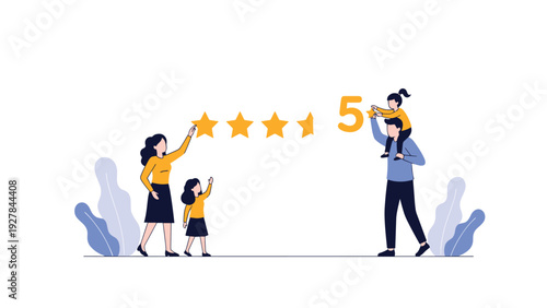 Happy family with parents and children adding a final golden star to reach a perfect five star rating review.