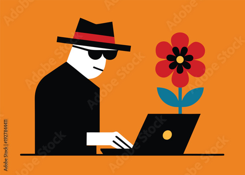 A man in a fedora and sunglasses types on a laptop, observing a digital flower on the screen.
