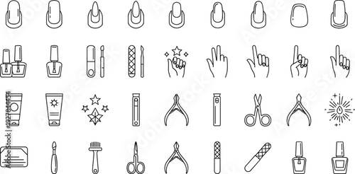 Manicure and Nail Care Line Icon Set with Hands, Polish Bottles, Tools, and Beauty Salon Symbols for Cosmetic, Spa, and Vector Design Projects