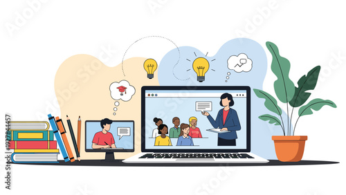 Online learning environment with a student on a screen watching a teacher and class on another laptop for distance education.