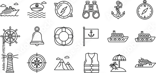 Maritime and Navigation Icon Set with Ship, Compass, Anchor, Lighthouse, and Sea Travel Symbols for Nautical Apps, Tourism, Maps, and Vector Designs