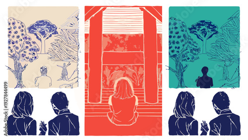 Diverse people in contemplation, meditating figures in nature and architecture, abstract art with warm red and cool blue tones, promoting inner peace.