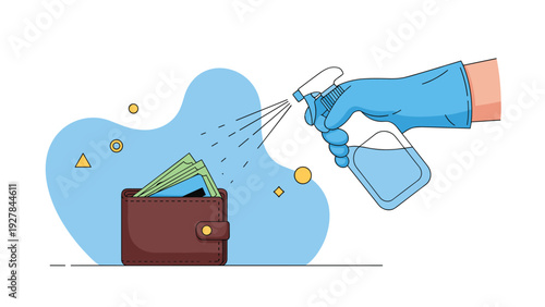 Hand wearing a protective blue glove sprays disinfectant on a leather wallet and banknotes to maintain hygiene and prevent germ spread.