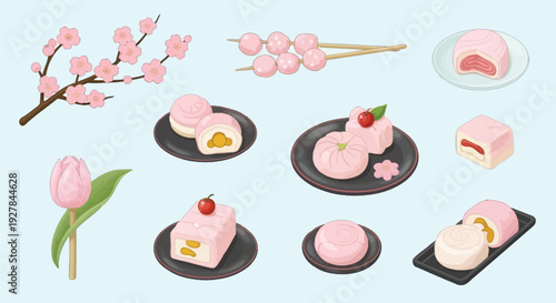 A delightful assortment of pink Japanese wagashi sweets and a blooming cherry blossom branch, presented on a soft blue background.