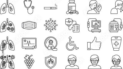 Medical and Healthcare Icon Set with Lungs, Virus, Hospital, Doctor, Patient, and Health Monitoring Symbols for Clinics, Apps, and Vector Designs