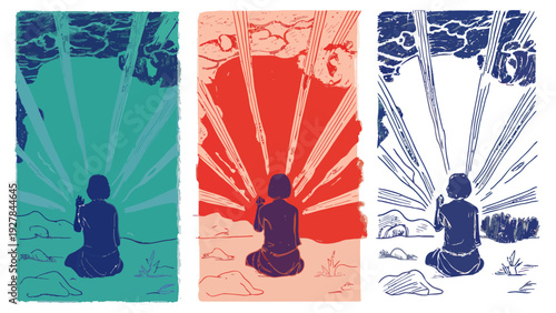 Meditating figure with radiating light, divine energy from above in diverse color palettes, spiritual enlightenment and cosmic connection, abstract style.