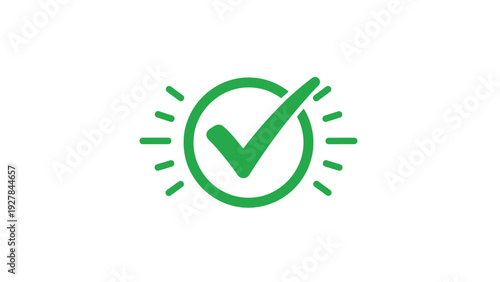 Vibrant green check mark icon inside a circle with decorative rays symbolizing success, approval, completion, and correct choice for business.
