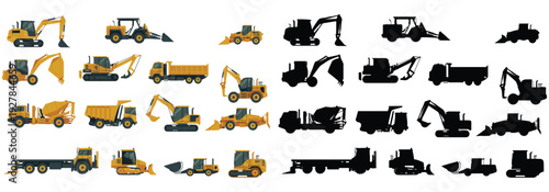 Construction machinery vector and silhouette collection including excavator, loader, bulldozer, dump truck, concrete mixer and crane equipment for building industry design