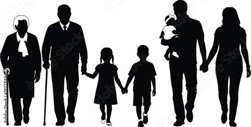 Family silhouette with multiple generations and a baby